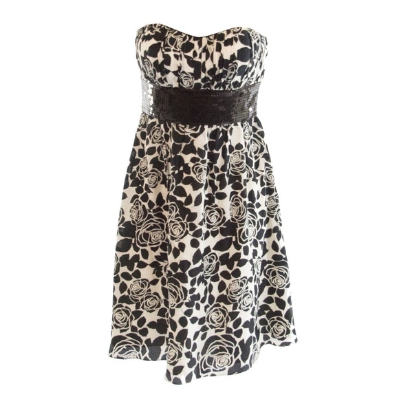 Black White Floral Silk Strapless Cocktail Dress 4 - Picture 3 of 4